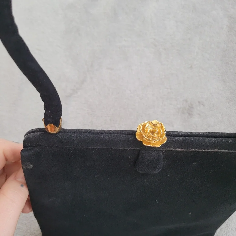 Vintage 60s Coblentz perma‎ suede black satchel handbag purse gold rose detail